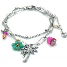 Armband  - Mira – Dubbel Laags – Palmboom, Bloem & Parel – 16-21 cm 