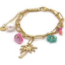 Armband  - Mira – Dubbel Laags – Palmboom, Bloem & Parel – 16-21 cm 